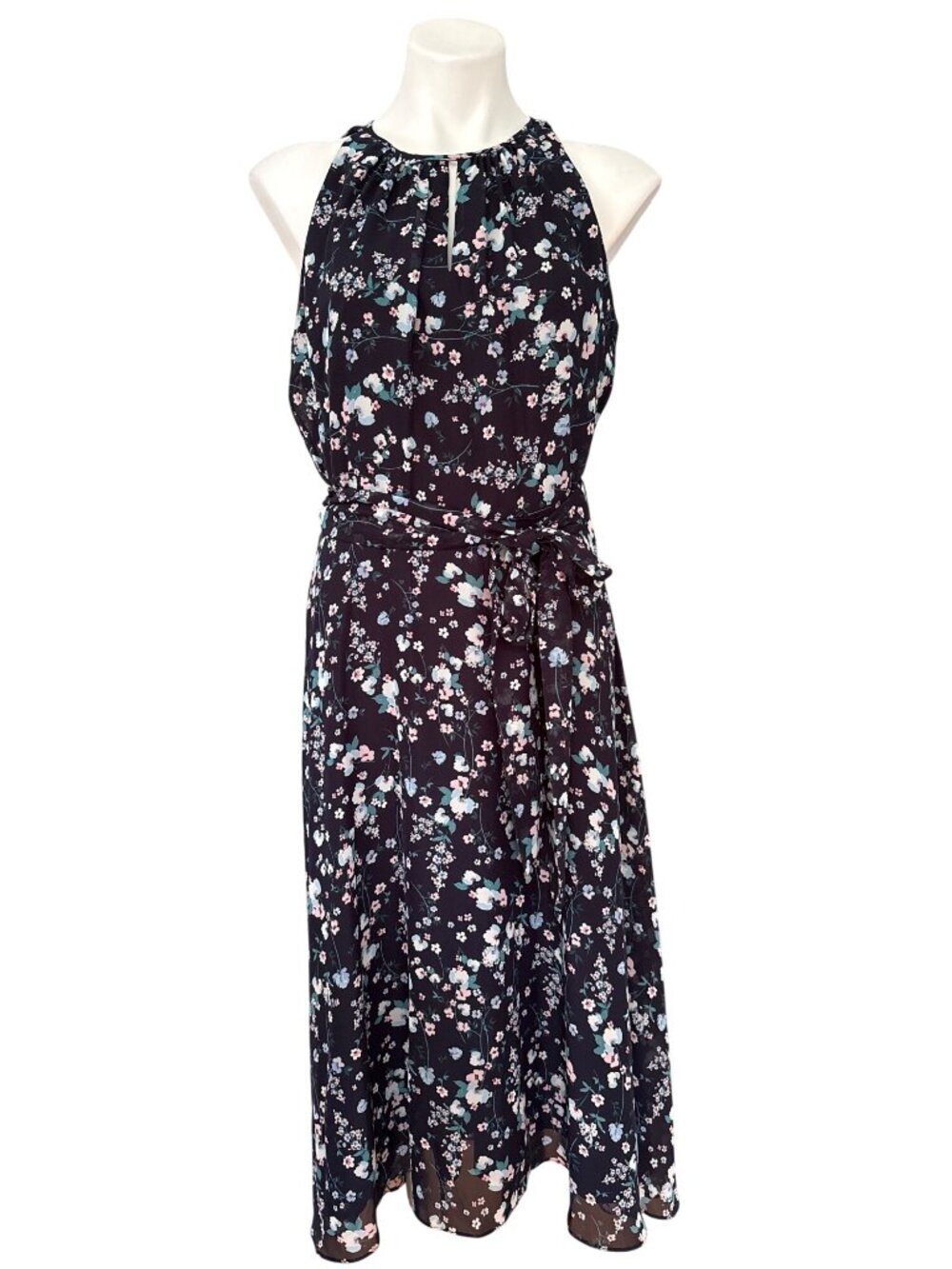 Tahari ASL NWT Women's Floral Spray Navy Sleeveless Midi Dress Size 8